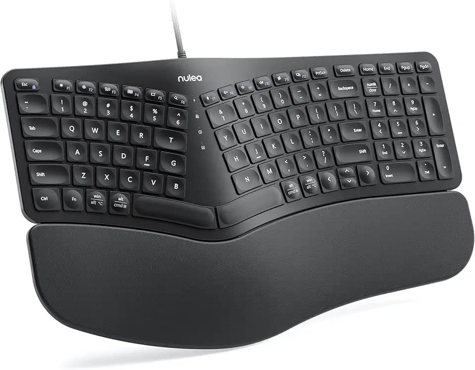 Nulea Teclado ergonômico RT05C com fio, teclado dividido com descanso de pulso acolchoado, pernas inclinadas ajustáveis, Plug and Play, cabo USB, compatível com Windows/Mac