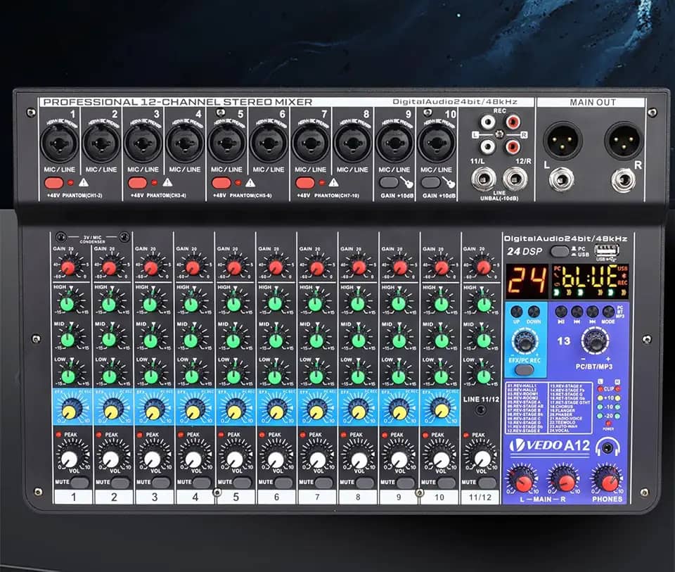 mesa de som, vedo A12 12 canais digital/número profissional portátil com reverb bluetooth usb interface audio/áudio mixer