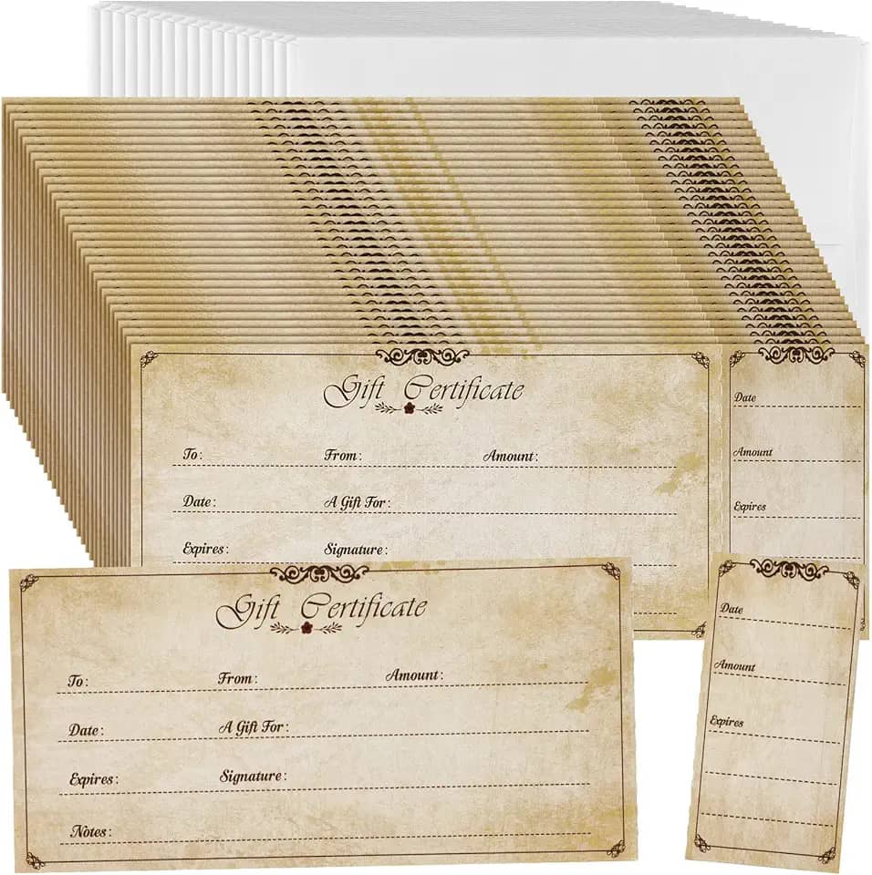 Nuanchu 100 conjuntos de vales de presente para negócios, cartões de presente em branco, de Natal, vales de presente, vouchers, cartões de cupão com 100 envelopes para salão, spa, restaurantes