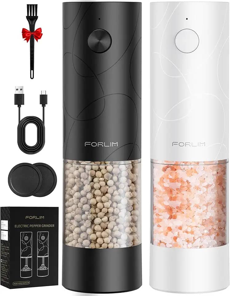 FORLIM Conjunto de moedor elétrico de sal e pimenta, recarregável por USB, moedor automático de sal e pimenta com capa contra poeira, controle de um botão, grossura ajustável, luz LED branca (2