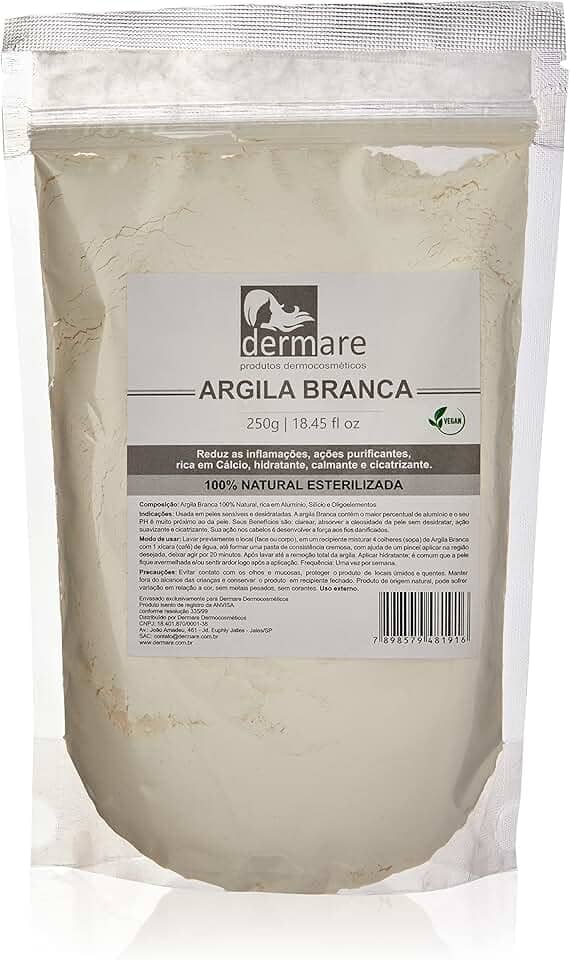 Dermare Argila Branca Clareadora 250g – Peles Sensíveis e Desidratadas | Uso Facial, Corporal e Capilar