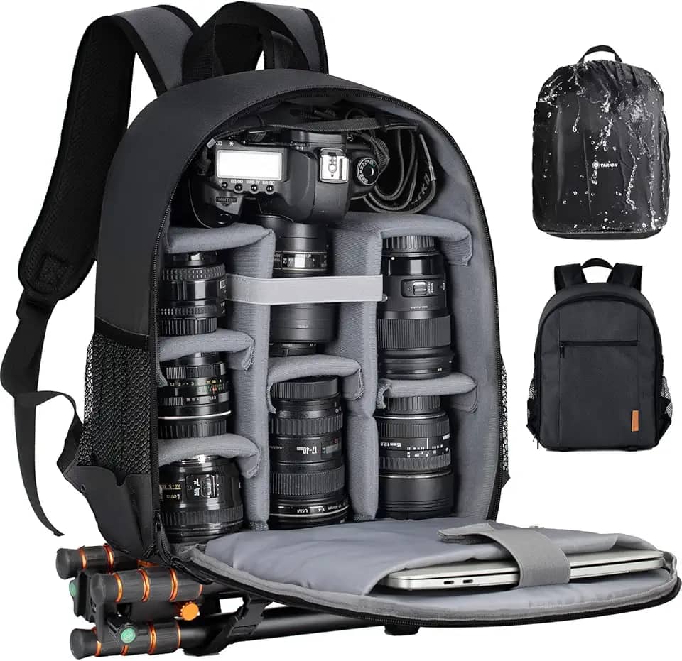TARION Mochila pequena para câmera – Mochila profissional DSLR para fotografia com compartimento para laptop de 13 polegadas, capa de chuva à prova d'água e suporte de tripé para fotógrafos (preto