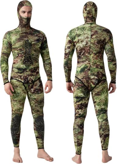 FLEXEL Roupa de mergulho masculina premium camuflagem 3 mm 5 mm CR neoprene roupa de mergulho com capuz roupa de mergulho com capuz 2 peças