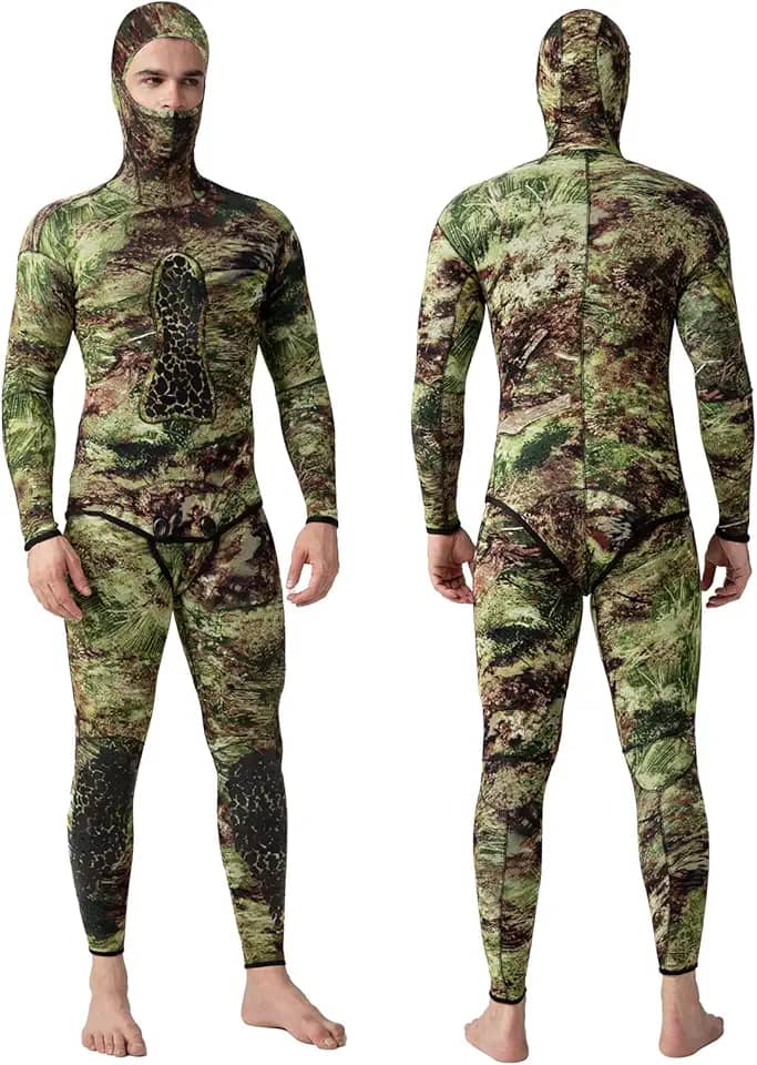 FLEXEL Roupa de mergulho masculina premium camuflagem 3 mm 5 mm CR neoprene roupa de mergulho com capuz roupa de mergulho com capuz 2 peças