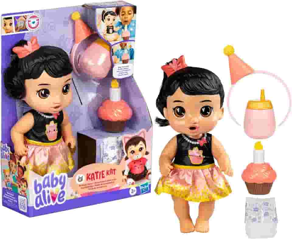 Baby Alive, Boneca, Festa de Aniversário, Katie Kat - Cabelos Pretos, Brinquedo Interativo, 28 cm - A partir de 3 Anos