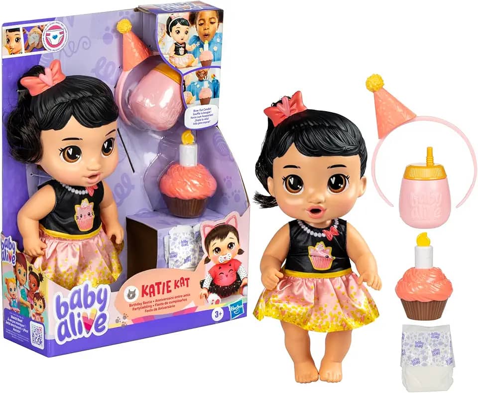 Baby Alive, Boneca, Festa de Aniversário, Katie Kat - Cabelos Pretos, Brinquedo Interativo, 28 cm - A partir de 3 Anos
