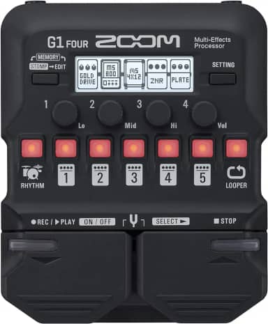 Pedal processador multiefeitos para guitarra Zoom G1 Four, com mais de 60 efeitos embutidos, modelagem de amplificador, e mais