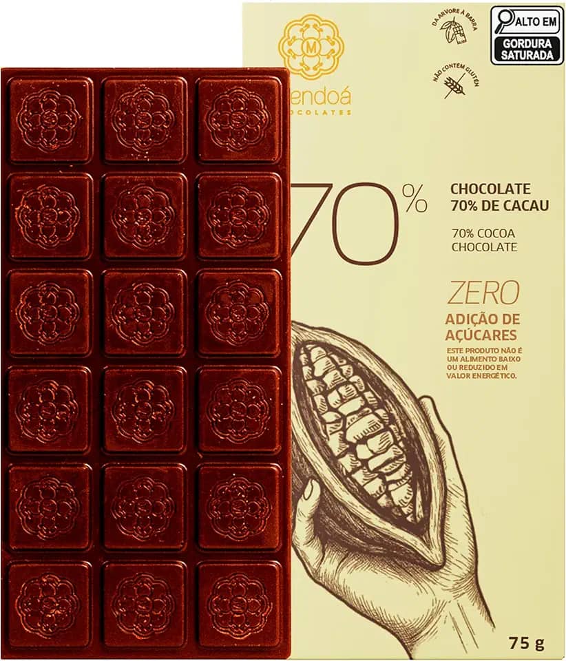 Mendoá, Barra de chocolate premium 70% de cacau, Zero Açúcar, Clássico, 75 gramas