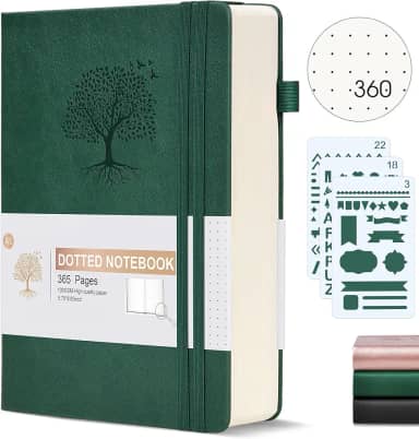 Agenda organizadora pontilhada Ansopu, 360 páginas numeradas, 100 g/m², caderno grosso, capa dura de couro, para escrita, para mulheres e homens, A5, para trabalho, 14,6 x 21,3 cm, verde