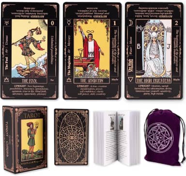 Cartas de tarô para iniciantes, cartas de tarô clássicas com significados, cartas de tarô duráveis com guia para iniciantes (preto)