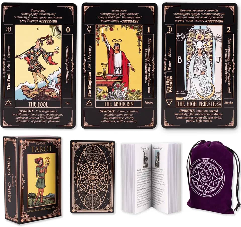 Cartas de tarô para iniciantes, cartas de tarô clássicas com significados, cartas de tarô duráveis com guia para iniciantes (preto)