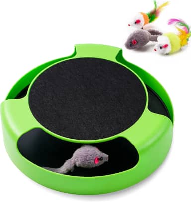 FYNIGO Brinquedos interativos para gatos com um rato de corrida e uma almofada de raspagem, pegue o mouse, arranhador de gato brinquedo de erva de gato, verde
