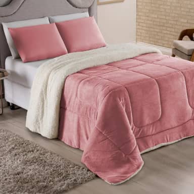 Coberdrom Queen Sherpa Cores Lisas – Edredom Casal Inverno Quente e Macio - Forro Pelucia Tipo Lã - FV Enxovais (Rose, Queen)