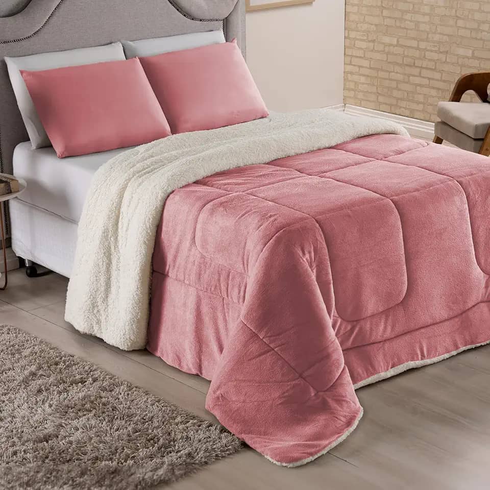Coberdrom Queen Sherpa Cores Lisas – Edredom Casal Inverno Quente e Macio - Forro Pelucia Tipo Lã - FV Enxovais (Rose, Queen)