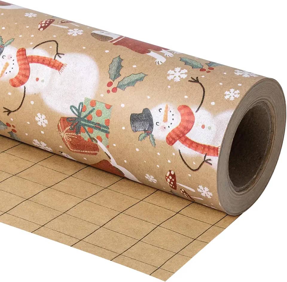 WRAPAHOLIC Papel de embrulho de Natal Kraft - Mini rolo - 43 cm x 80 metros - Papel de embrulho de boneco de neve e cachorro de Natal para férias, festa de celebração