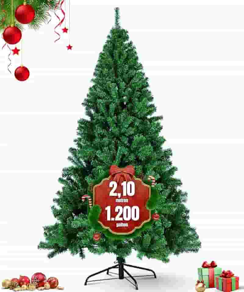 Arvore De Natal Grande Pinheiro Luxo 2,10m Cheia 1200 Galhos Base Metálica Premium Verde Tradicional