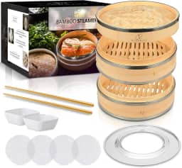 SP Dynamics Conjunto de Cesta de Vapor de Bambu Cozinha Chinesa Cesta de Vapor de Vegetais de 10' e 2 Camadas para Cozinhar com Pauzinhos, Pratos de Molho e Forros Reutilizáveis - Cestas de Vapor de B