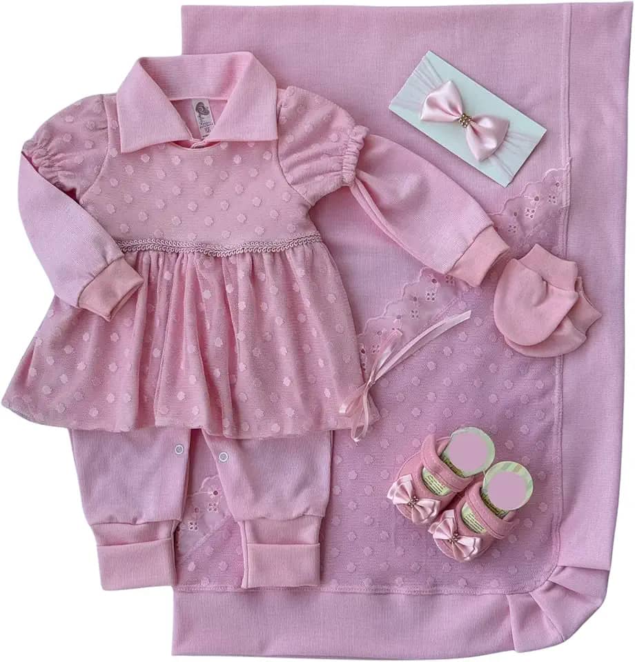 Kit Saída Maternidade Bebê Menina Luxo de Bola Rosa Claro Kit Completo