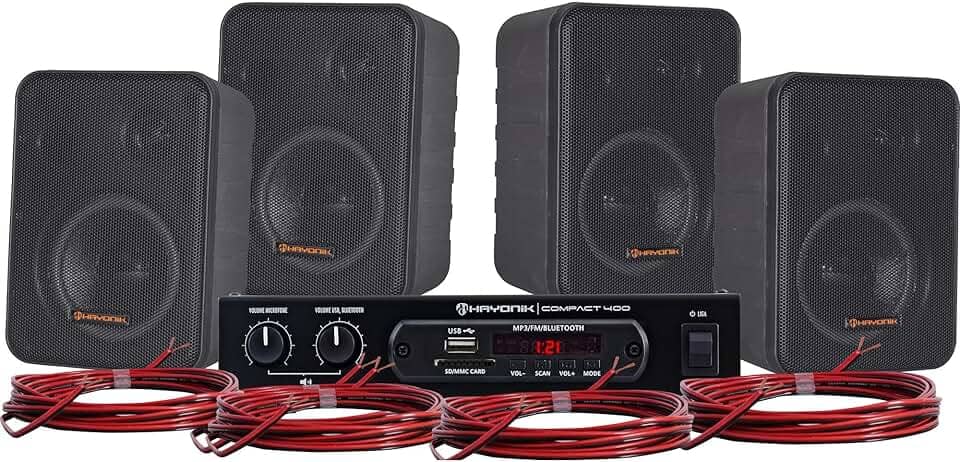 HAYONIK, Kit de Som Ambiente, 400W, Com 4 Caixas Pretas, 1 Amplificador e Cabos para Ligação, USB, Cartão SD, Entrada Auxiliar, Entrada P/Mic, Bluetooth, Rádio FM - AMBIENCE 4000 V2 PT