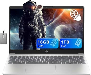 HP Laptop com tela sensível ao toque HD de 15,6 polegadas, Intel i3-1215U, 16 GB RAM, SSD PCIe de 1 TGB, teclado numérico, webcam HD, carregamento rápido, gráficos Intel UHD, Win 11, prata, cartão USB