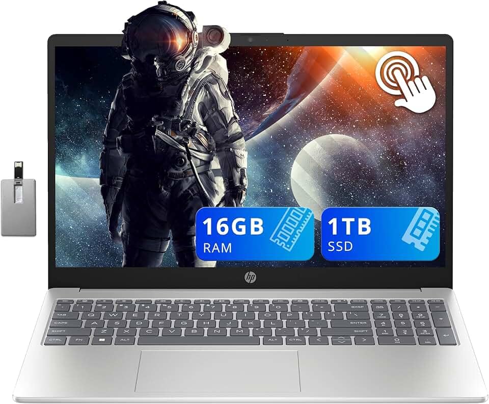 HP Laptop com tela sensível ao toque HD de 15,6 polegadas, Intel i3-1215U, 16 GB RAM, SSD PCIe de 1 TGB, teclado numérico, webcam HD, carregamento rápido, gráficos Intel UHD, Win 11, prata, cartão USB