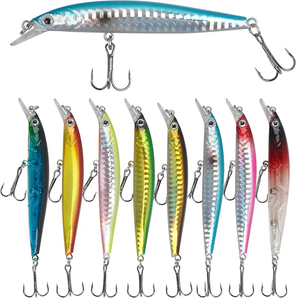 Kit de iscas de pesca, conjunto de iscas rígidas, 8 peças Minnow Crankbait Jerkbaits Swimbaits Popper Pencil Kit de isca artificial para robalo truta Walleye Redfish Iscas de pesca água salgada água