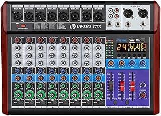 VEDO Mesa de Mistura CT8 Profissional de 8 Canais com Equalizador de 3 Bandas, 24 Efeitos DSP, Bluetooth 5.0, Reprodução/Gravação USB, Alimentação Phantom 48V para Som ao Vivo, Estúdio, Karaokê
