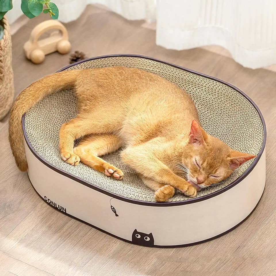 Conlun Cama oval para arranhar gatos, tábua de arranhar 2 em 1, papelão ondulado natural, base selada, detritos, móveis sem montagem, cores elegantes combinam qualquer decoração de casa