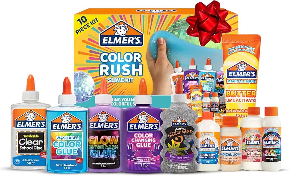 Elmer's Kit de geleca Color Rush, inclui cola líquida, ativador, muda de cor, brilha no escuro, geleca de manteiga e muito mais, conjunto de 10 peças - perfeito para festas, presentes, atividades