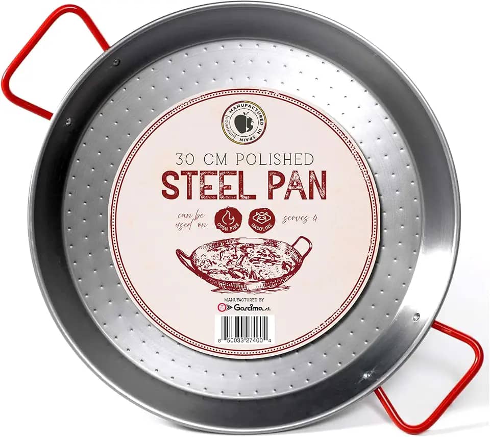 Gourmanity Feito por Garcima, panela de paella de aço carbono de 30 cm, forma de paella de aço polido de 30 cm, grande da Espanha, prato de paella espanhol importado