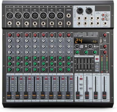 Mesa de Som de 9 Canais com Bluetooth, Reprodutor/Gravador de MP3, 99 Efeitos Digitais, Phantom Power, Equalizador de 3 Bandas - Mesa de Mixagem Profissional para Som ao Vivo, Estúdio e Karaokê