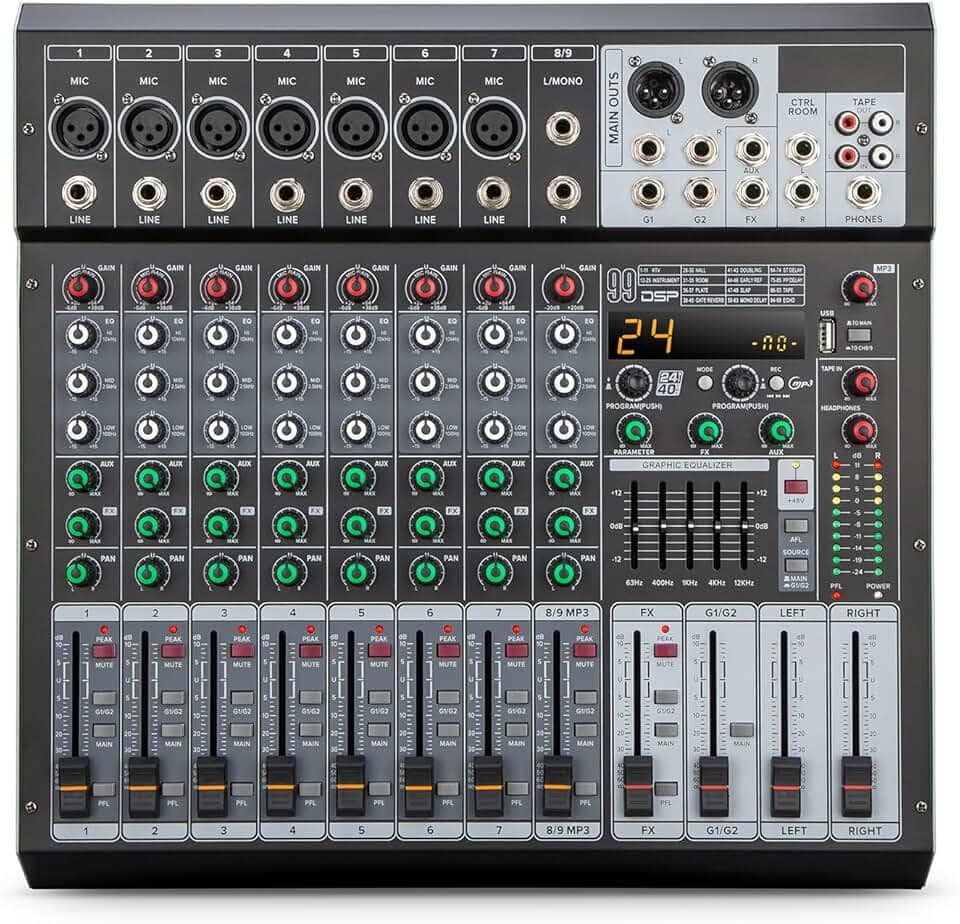 Mesa de Som de 9 Canais com Bluetooth, Reprodutor/Gravador de MP3, 99 Efeitos Digitais, Phantom Power, Equalizador de 3 Bandas - Mesa de Mixagem Profissional para Som ao Vivo, Estúdio e Karaokê