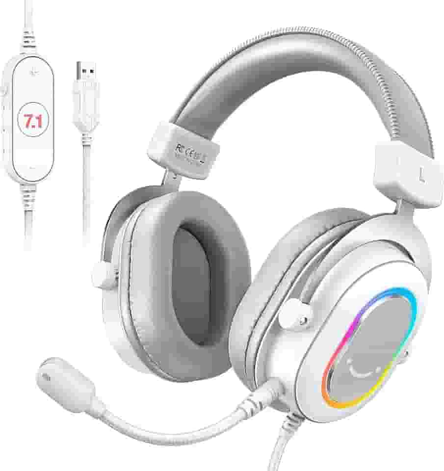 FIFINE USB Gaming Headset, fones de ouvido PC com fio com microfone para computador/laptop, over-ear RGB headset com som surround 7.1, cancelamento de ruído para streaming de vídeo game - H6 branco