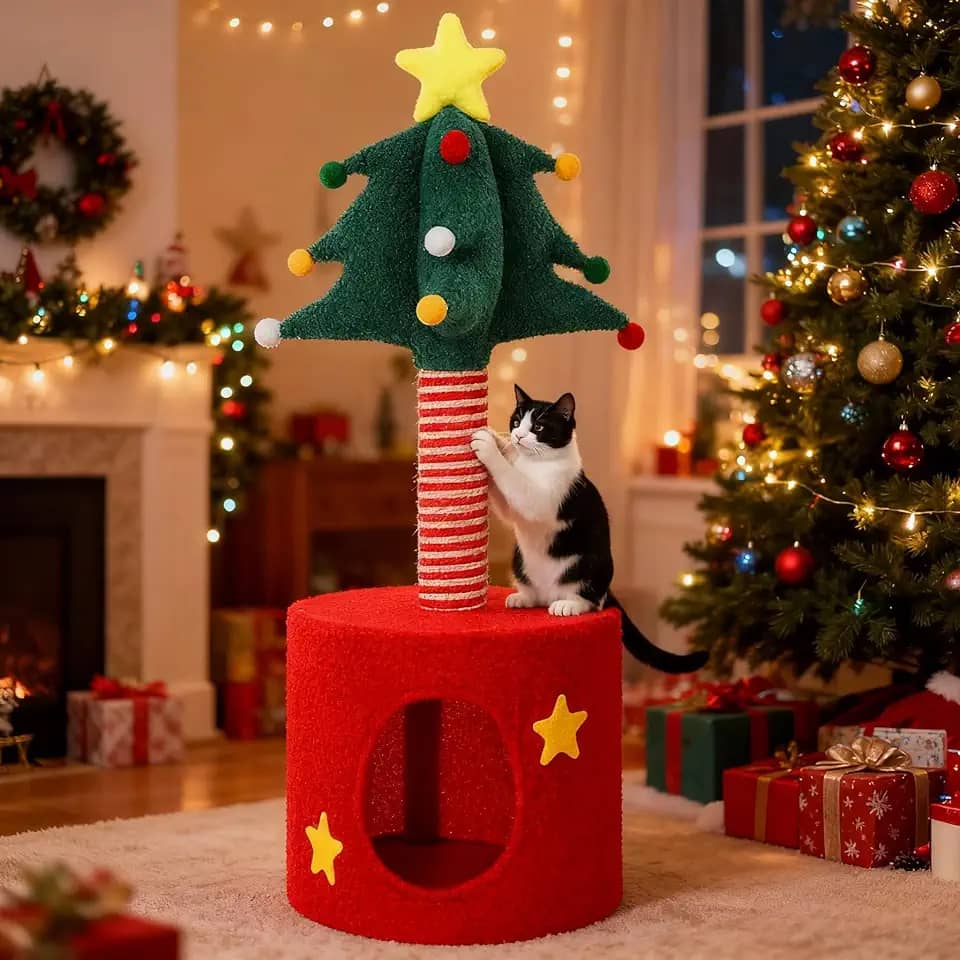 Torre de árvore de Natal para gatos de 83 cm com arranhador, casa de gato, cama de condomínio para adultos, gatos, pequenos gatos, árvore, centro de atividades