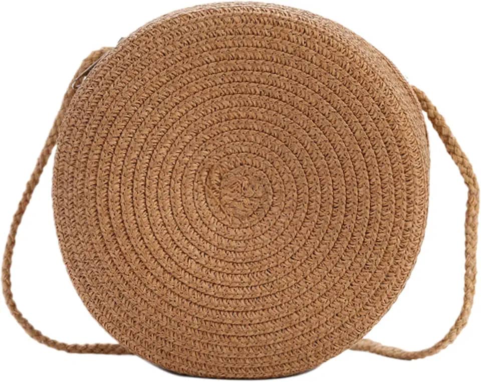 Bolsa feminina de palha redonda de 16,5 cm, bolsa de tecido casual de ombro único, com zíper, cor sólida, bolsa portátil para férias na praia, viagem, cáqui