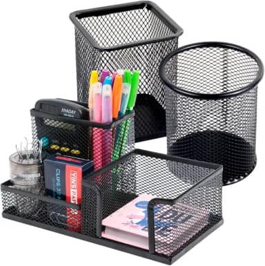 Porta Caneta Organizador de Mesa Escritório Metal Aramado Com Divisórias Para Clip Lápis Bloco de Notas Tesoura Borracha (Preto)