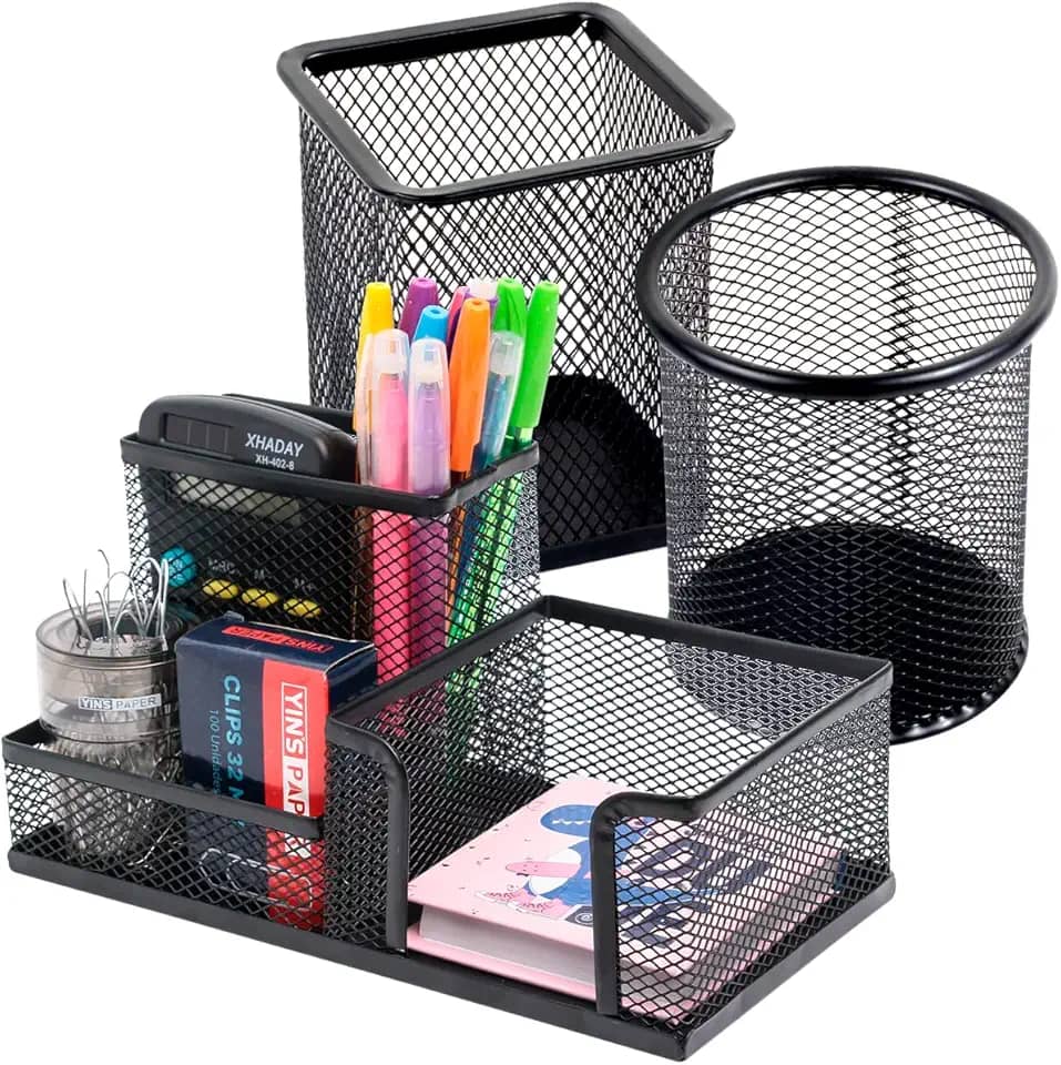 Porta Caneta Organizador de Mesa Escritório Metal Aramado Com Divisórias Para Clip Lápis Bloco de Notas Tesoura Borracha (Preto)