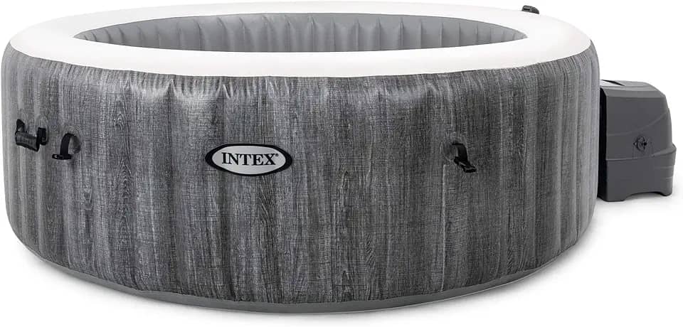 Intex 28439E Greywood Deluxe 4 pessoas ao ar livre portátil inflável banheira de hidromassagem spa com luz LED multicolorida, apoios de cabeça de espuma e 140 jatos de bolhas, cinza