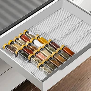 Organizador de gaveta de especiarias, organizador de temperos de acrílico transparente de 4 níveis, inserção de gaveta de potes de tempero de cozinha, bandeja expansível de 28 a 56 cm para armário e