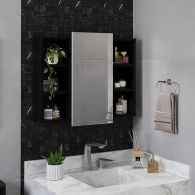 Espelheira Para Banheiro Com Nichos Armário Aéreo Com Espelho Organizador (Preto)