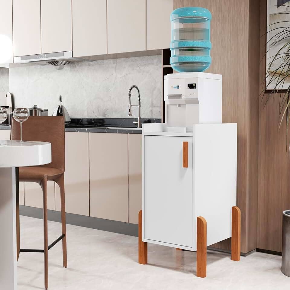 Balcão Aparador para Bebedouro, 1 Porta, Pés em Madeira, Branco e Natural (Branco)