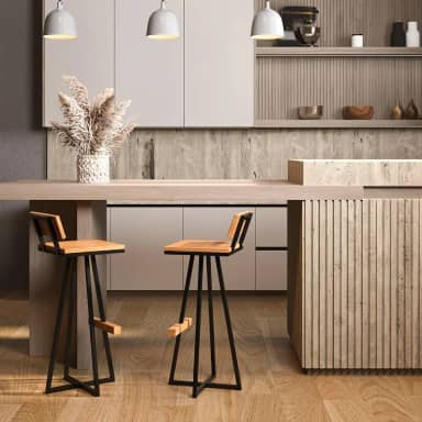 Banqueta Alta Suíça Madeira de Demolição com Estrutura Metálica Preta | Estilo Industrial Moderno