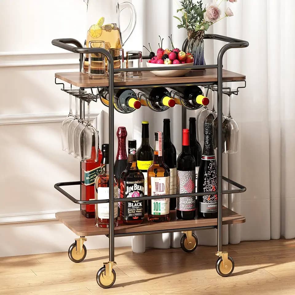 Carrinho de Bar de 2 Níveis com Rodas, Bar Externo para a Casa com Rack de Vinho e Suporte para Copos, Carrinho de Servir na Cozinha, Sala de Jantar, Festas, Marrom