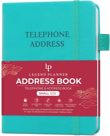 Legend Planner Livro de endereços com abas alfabéticas – Mini livro de contatos telefônicos para números de telefone, endereços, senhas, pequeno (turquesa)