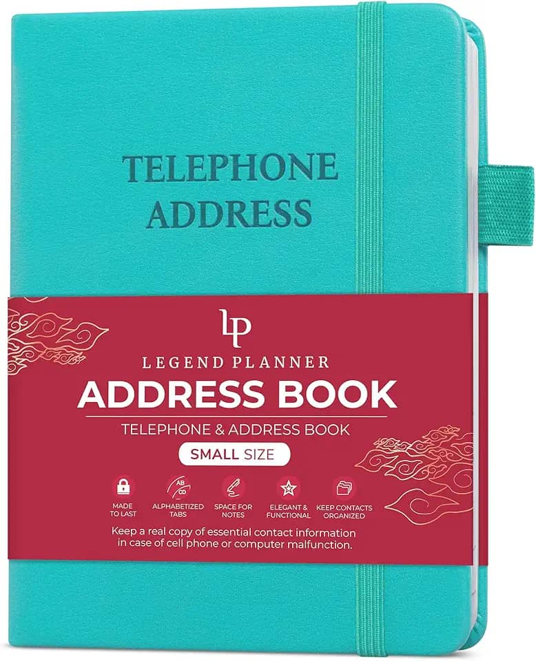 Legend Planner Livro de endereços com abas alfabéticas – Mini livro de contatos telefônicos para números de telefone, endereços, senhas, pequeno (turquesa)