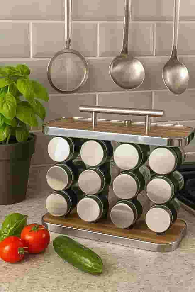 Porta-Temperos em Vidro e Inox, 12 Compartimentos de 90ml, Base em Madeira
