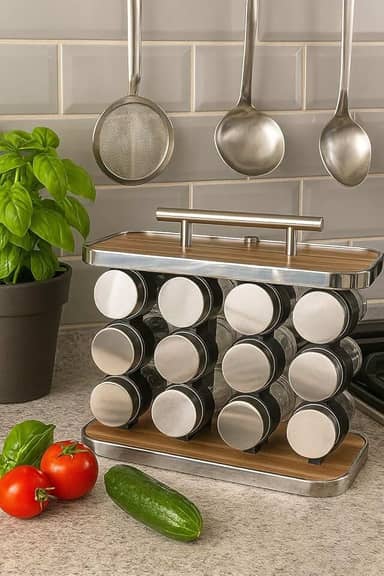 Porta-Temperos em Vidro e Inox, 12 Compartimentos de 90ml, Base em Madeira