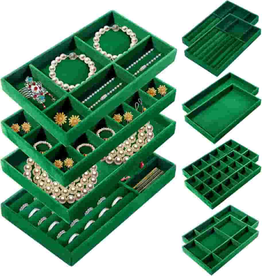 Bandejas organizadoras de joias para gavetas, conjunto de 12 peças empilháveis de inserções de armazenamento de joias, expositor para organização de joias, brincos, anéis, colares, pulseiras, cômoda e