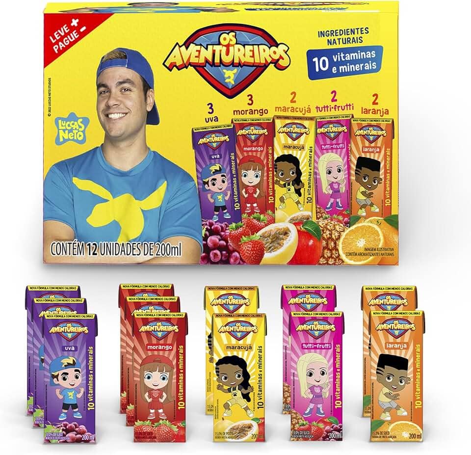 AVENTUREIROS - Sucos de Sabores Mistos em Caixinha - Sem Ingredientes Artificiais, Sem Glúten - Contém 10 Vitaminas e Minerais, Ingredientes Naturais - Vegano - Pack 12 x 200ml