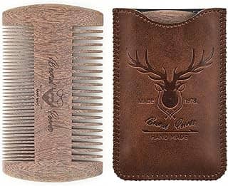 Menesia Pente de barba de sândalo com estojo - Dentes finos e grossos, pente de bolso de madeira para barbas, bigodes e cabelo, design de caveira marrom